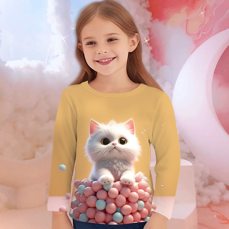 Girls' 3D Graphic Cartoon Cat T shirt Tee Long Sleeve 3D Print Summer Fall Active Fashion Cute Polyester Kids 3-12 Years Outdoor Casual Daily Regular Fit