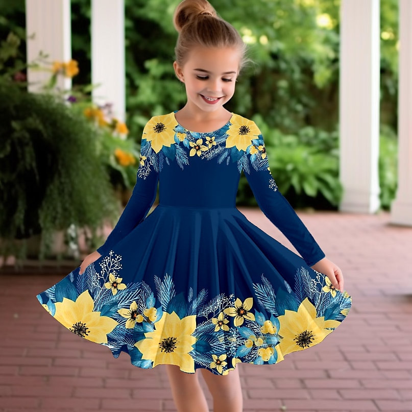 Girls' 3D Floral Rose Dress Long Sleeve 3D Print Spring Fall Sports & Outdoor Daily Holiday Cute Casual Beautiful Kids 3-12 Years Casual Dress A Line Dress Above Knee Polyester Regular Fit